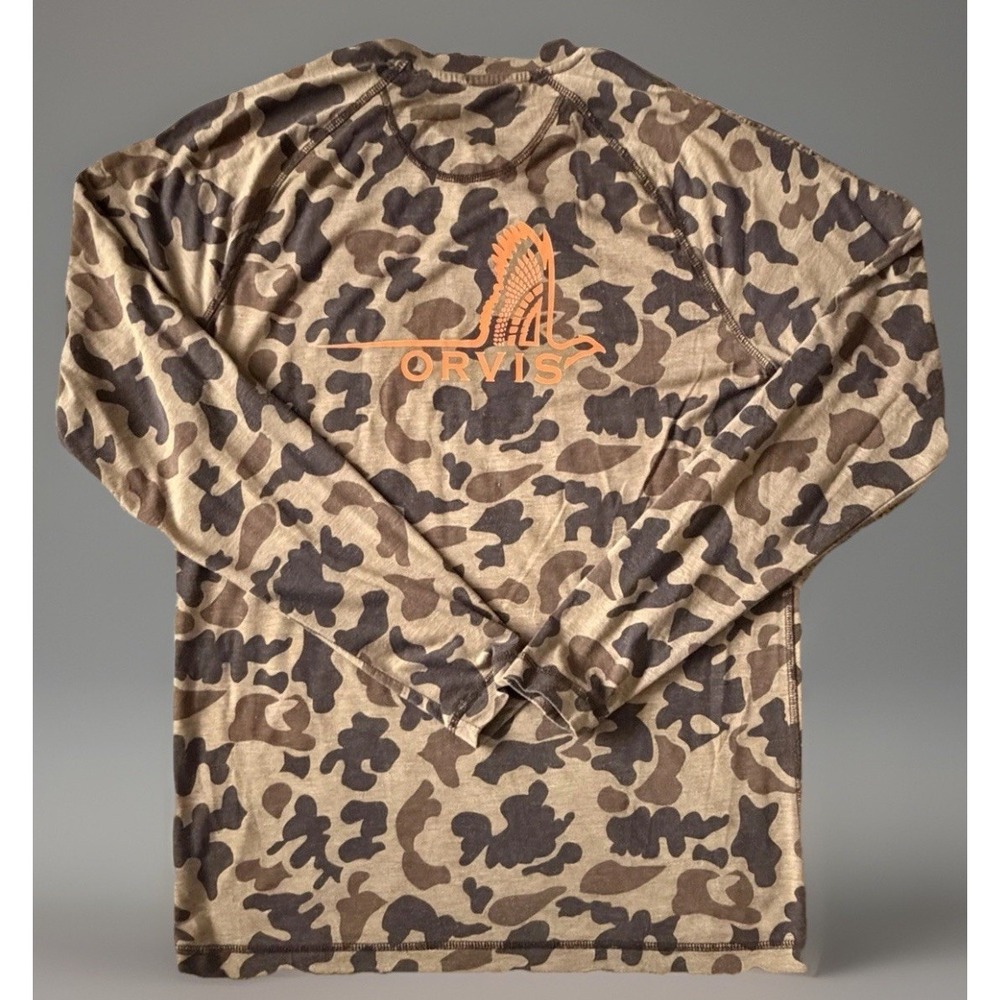 Orvis Shirt Long Sleeve Shirt Brown Camouflage Orange Logo Outdoor Small JBHS